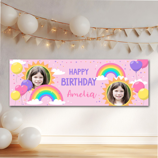 Personalised Party Banner For Birthday With Photo Girls Rainbow Sun Kids
