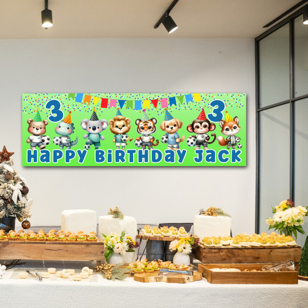 Personalised Party Banner For Kids Birthday Boys Cute Football Animals Any Age