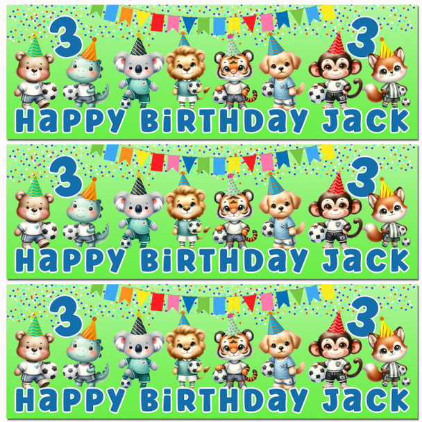Personalised Party Banner For Kids Birthday Boys Cute Football Animals Any Age