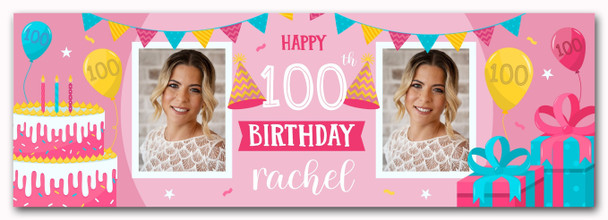 Personalised Party Banner For 100th Birthday With Photo Female Pink Cake Gift