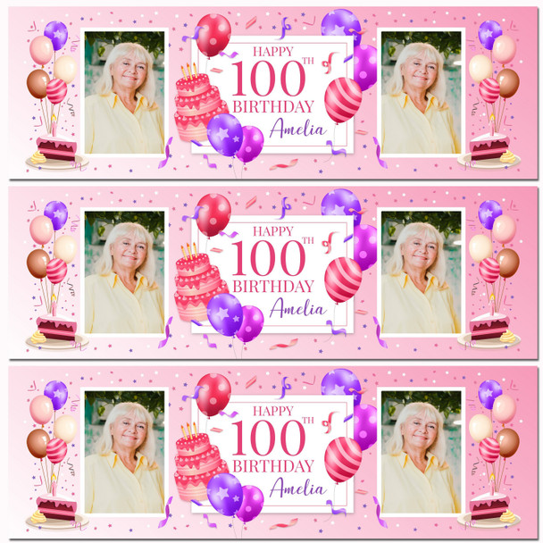 Personalised Party Banner For 100th Birthday With Photo Female Pink Cake