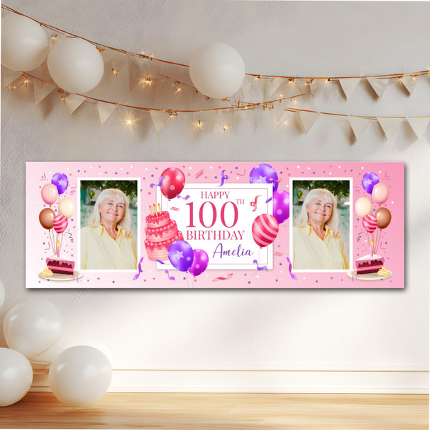 Personalised Party Banner For 100th Birthday With Photo Female Pink Cake