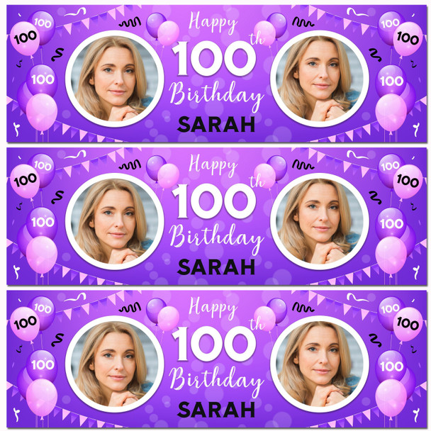 Personalised Party Banner For 100th Birthday With Photo Female Purple Balloons