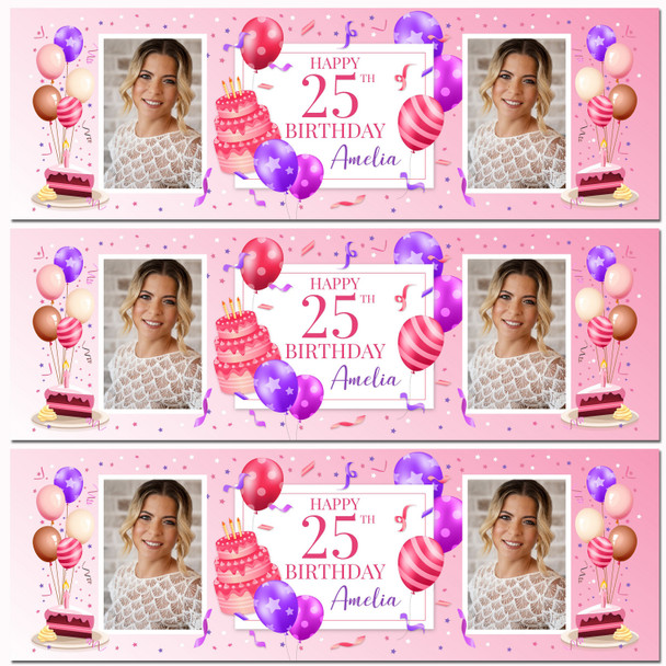 Personalised Party Banner For 25th Birthday With Photo Female Pink Cake