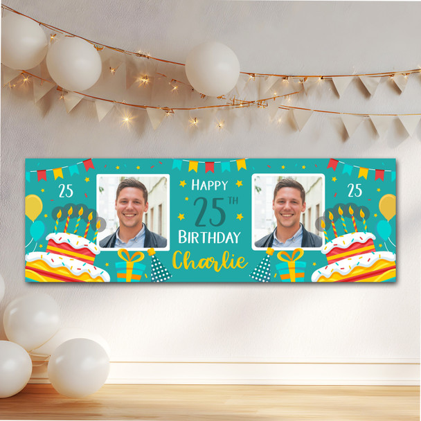 Personalised Party Banner For 25th Birthday With Photo Male Turquoise Cake