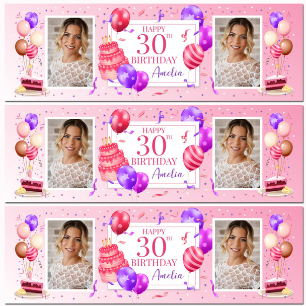 Personalised Party Banner For 30th Birthday With Photo Female Pink Cake