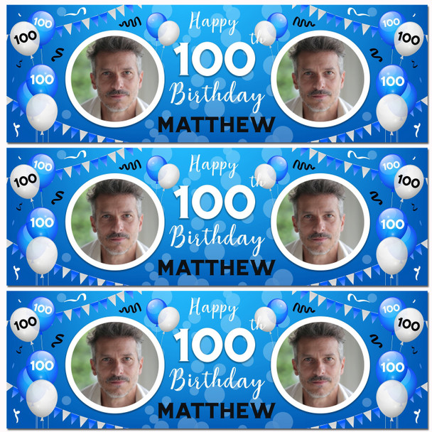 Personalised Party Banner For 100th Birthday With Photo Male Blue Balloons