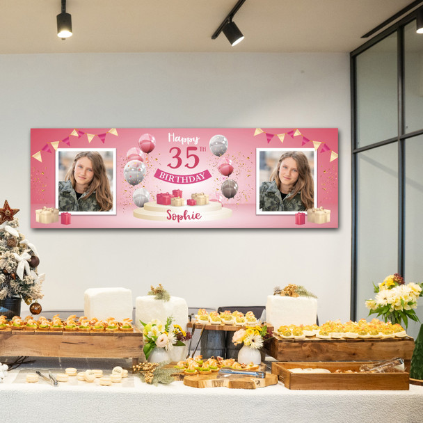 Personalised Party Banner For 35th Birthday With Photo Female Pink Balloon Gift