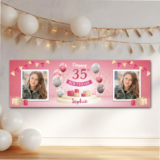 Personalised Party Banner For 35th Birthday With Photo Female Pink Balloon Gift