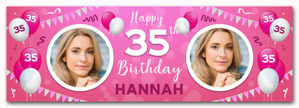 Personalised Party Banner For 35th Birthday With Photo Female Pink Balloons