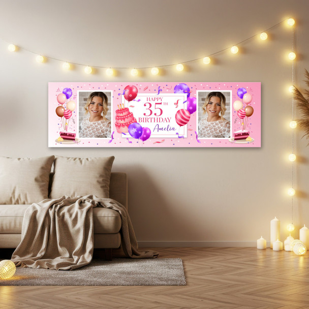Personalised Party Banner For 35th Birthday With Photo Female Pink Cake