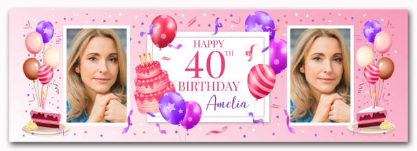 Personalised Party Banner For 40th Birthday With Photo Female Pink Cake