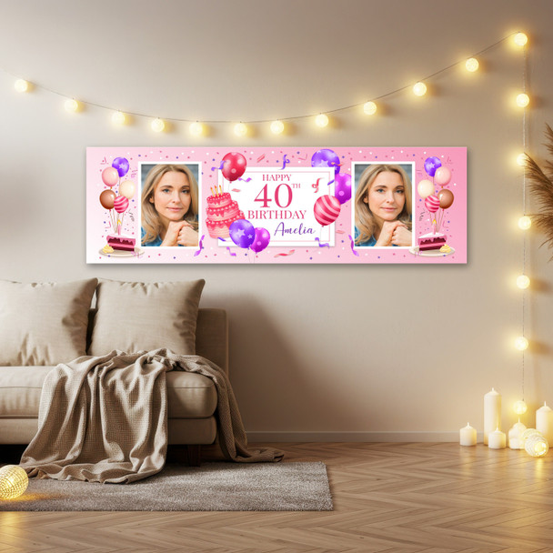 Personalised Party Banner For 40th Birthday With Photo Female Pink Cake