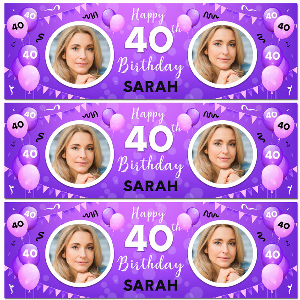 Personalised Party Banner For 40th Birthday With Photo Female Purple Balloons