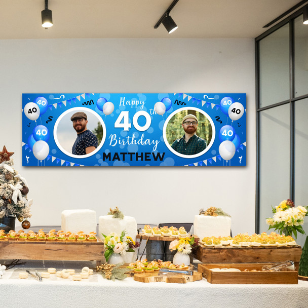 Personalised Party Banner For 40th Birthday With Photo Male Blue Balloons