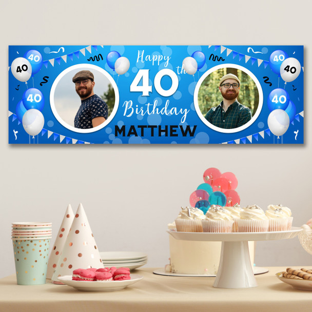 Personalised Party Banner For 40th Birthday With Photo Male Blue Balloons
