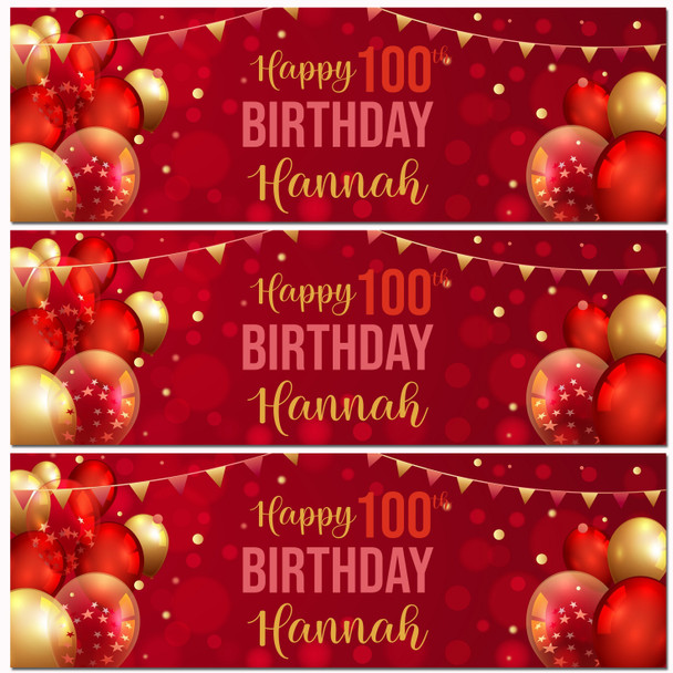 Personalised Party Banner For 100th Birthday Red Gold Balloons