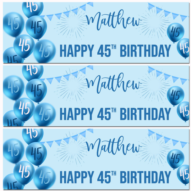 Personalised Party Banner For 45th Birthday Male Blue Balloon Star