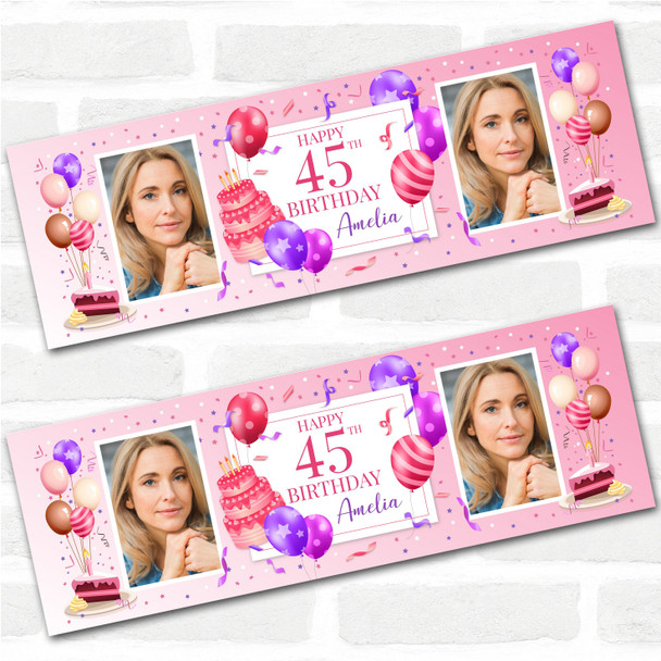 Personalised Party Banner For 45th Birthday With Photo Female Pink Cake