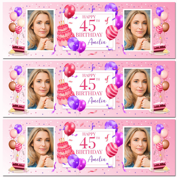 Personalised Party Banner For 45th Birthday With Photo Female Pink Cake