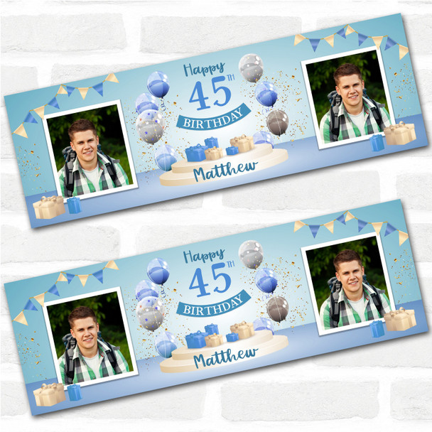 Personalised Party Banner For 45th Birthday With Photo Male Blue Balloon Gift