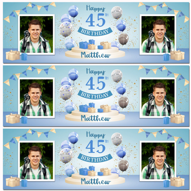 Personalised Party Banner For 45th Birthday With Photo Male Blue Balloon Gift