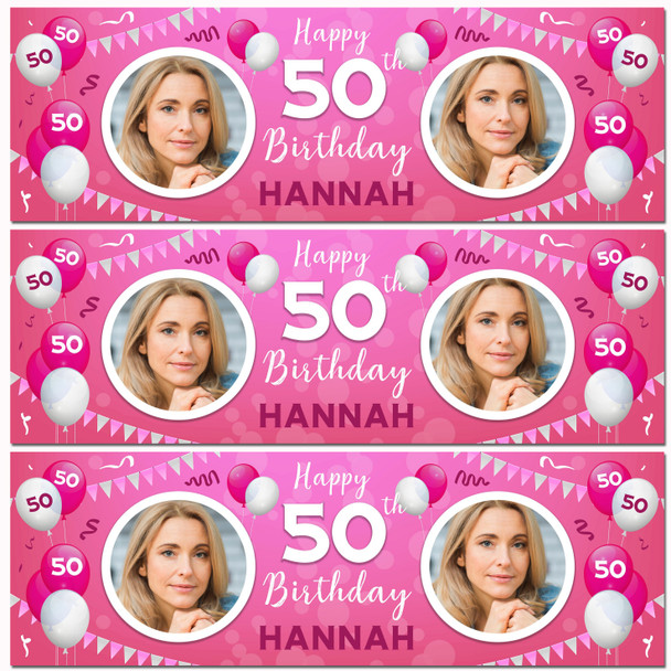 Personalised Party Banner For 50th Birthday With Photo Female Pink Balloons
