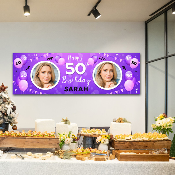 Personalised Party Banner For 50th Birthday With Photo Female Purple Balloons