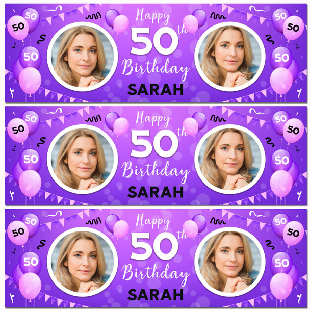 Personalised Party Banner For 50th Birthday With Photo Female Purple Balloons