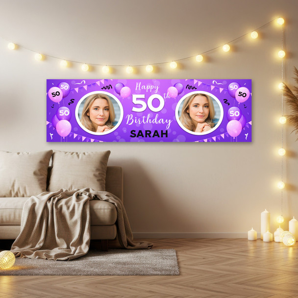 Personalised Party Banner For 50th Birthday With Photo Female Purple Balloons