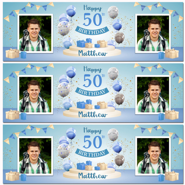 Personalised Party Banner For 50th Birthday With Photo Male Blue Balloon Gift