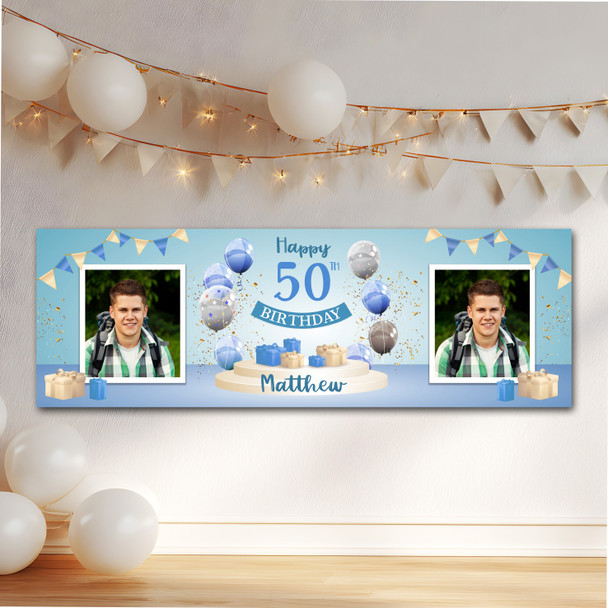 Personalised Party Banner For 50th Birthday With Photo Male Blue Balloon Gift