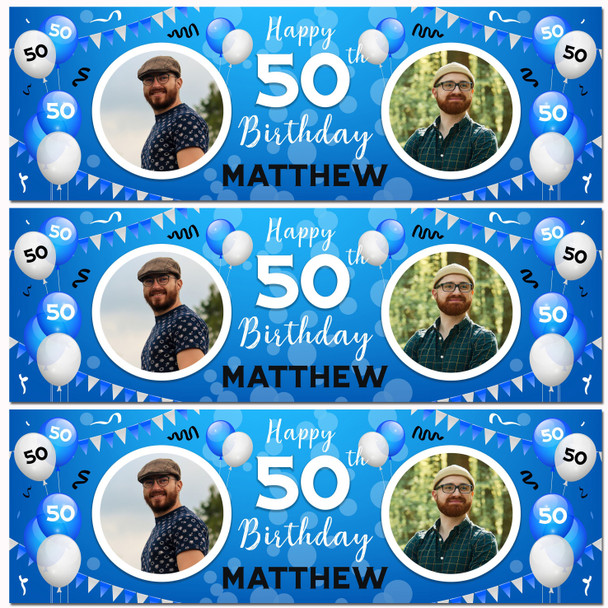 Personalised Party Banner For 50th Birthday With Photo Male Blue Balloons