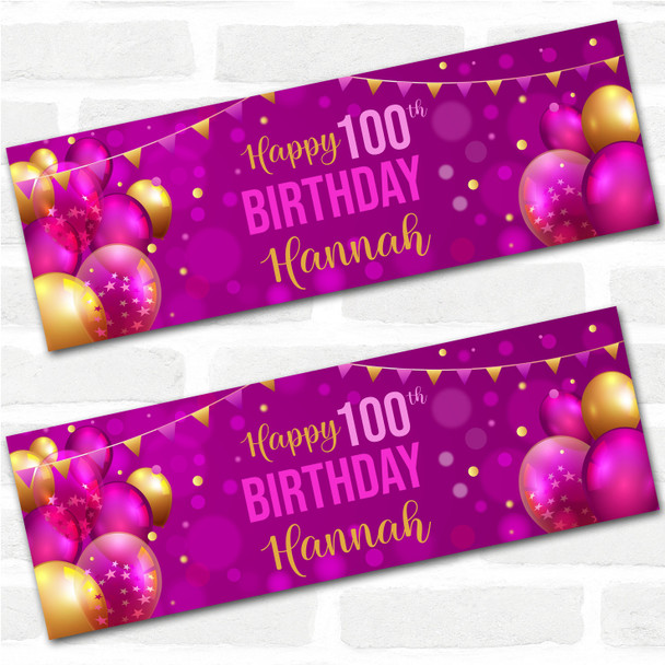 Personalised Party Banner For 100th Birthday Female Pink Gold Balloons