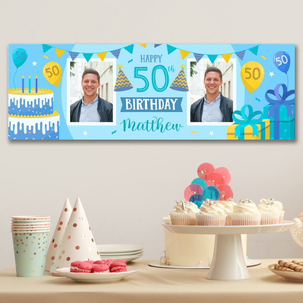 Personalised Party Banner For 50th Birthday With Photo Male Blue Cake Gift