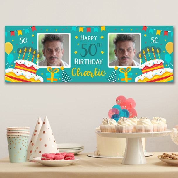 Personalised Party Banner For 50th Birthday With Photo Male Turquoise Cake