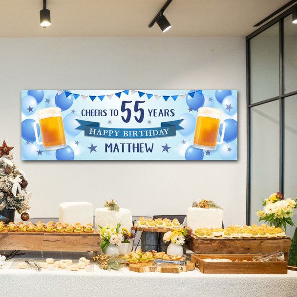 Personalised Party Banner For 55th Birthday Male Beer Blue Balloons
