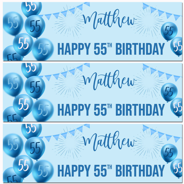 Personalised Party Banner For 55th Birthday Male Blue Balloon Star