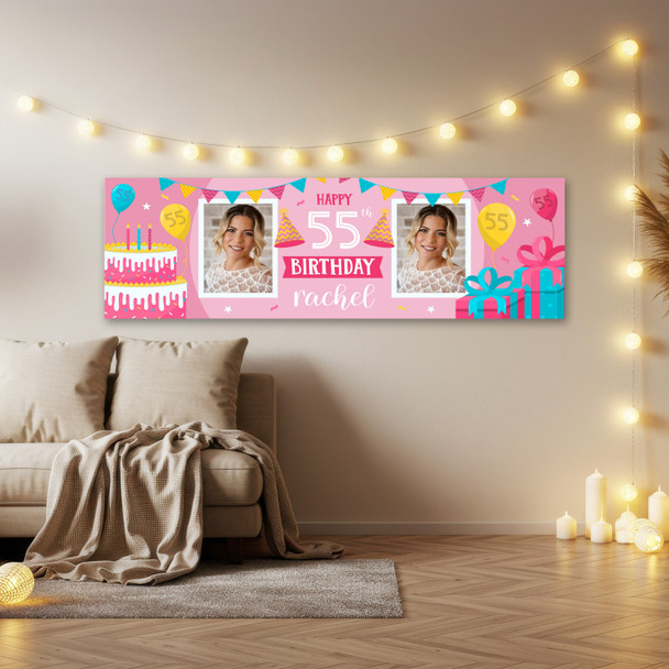 Personalised Party Banner For 55th Birthday With Photo Female Pink Cake Gift