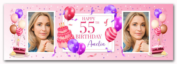 Personalised Party Banner For 55th Birthday With Photo Female Pink Cake