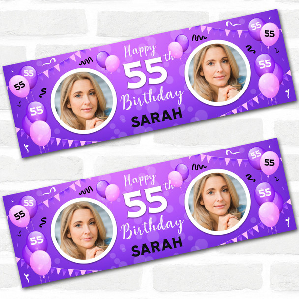 Personalised Party Banner For 55th Birthday With Photo Female Purple Balloons