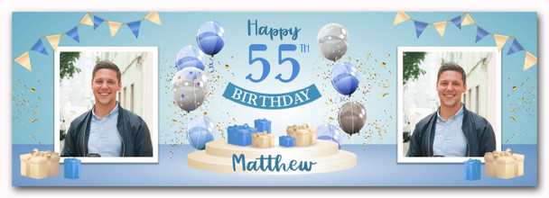 Personalised Party Banner For 55th Birthday With Photo Male Blue Balloon Gift