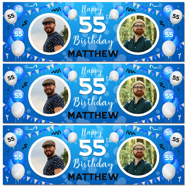 Personalised Party Banner For 55th Birthday With Photo Male Blue Balloons