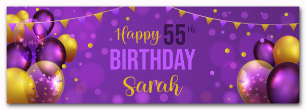 Personalised Party Banner For 55th Birthday Purple Gold Balloons