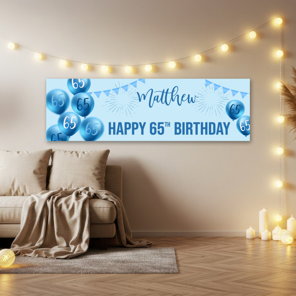 Personalised Party Banner For 65th Birthday Male Blue Balloon Star