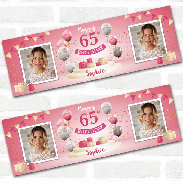 Personalised Party Banner For 65th Birthday With Photo Female Pink Balloon Gift
