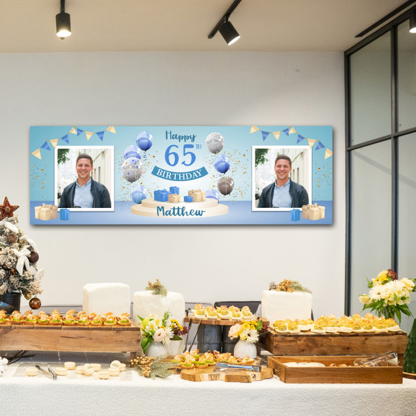 Personalised Party Banner For 65th Birthday With Photo Male Blue Balloon Gift