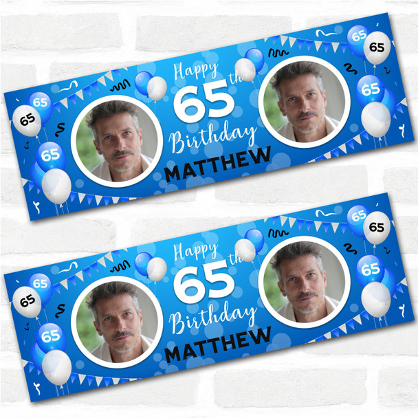 Personalised Party Banner For 65th Birthday With Photo Male Blue Balloons