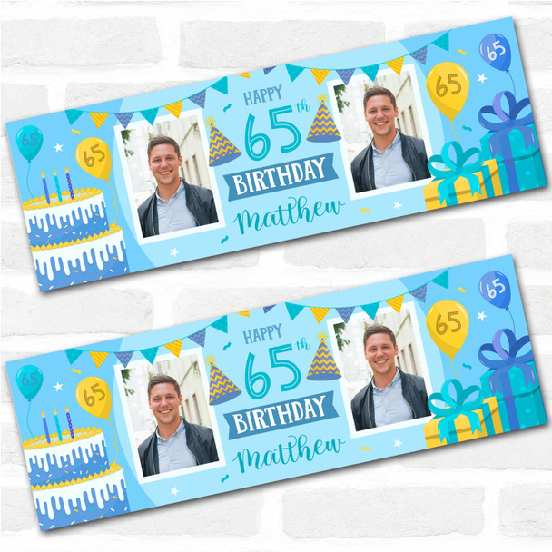 Personalised Party Banner For 65th Birthday With Photo Male Blue Cake Gift