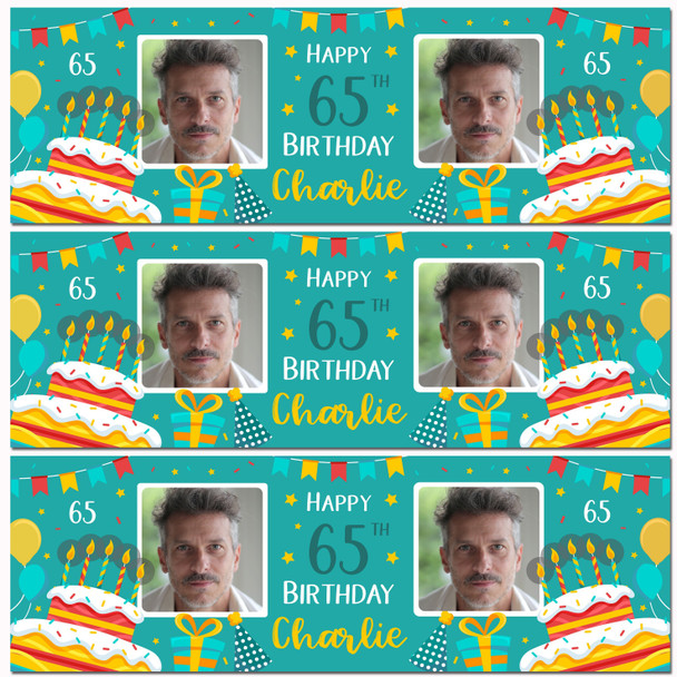 Personalised Party Banner For 65th Birthday With Photo Male Turquoise Cake